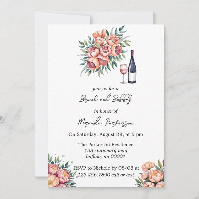Invitación Bouquet de Peach con Brunch de Diamantes y Bubbly (Anverso)