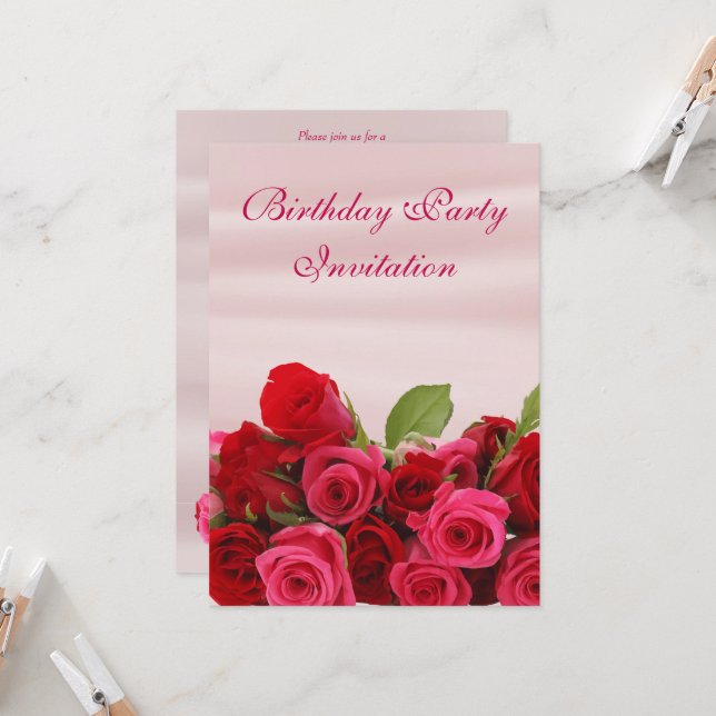 Invitación Bouquet De Rosas Rojas Románticas Fiesta De Cumple (Anverso/Reverso In Situ)