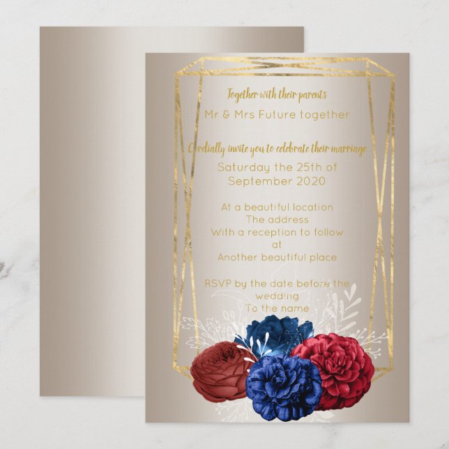 Invitación Bouquet dorado de bronce Elegante Boda azul rojo (Anverso / Reverso)