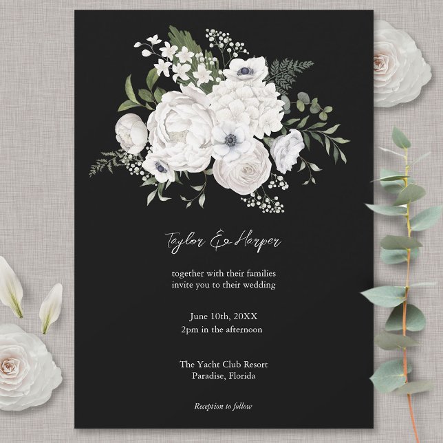 Invitación Bouquet floral elegante blanco y negro moderno (Subido por el creador)
