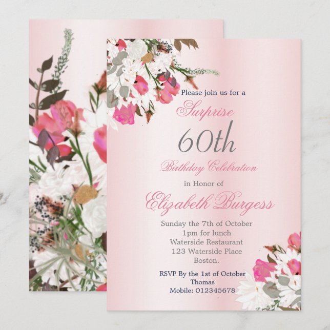 Invitación Bouquet Floral Elegante Rosa 60 cumpleaños (Anverso / Reverso)