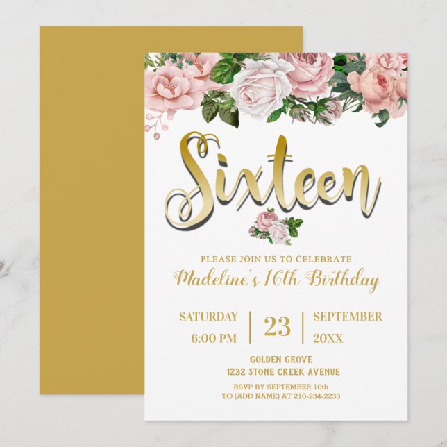 Invitación Bouquet floral rosa de Rubor | Dulce 16 (Anverso / Reverso)