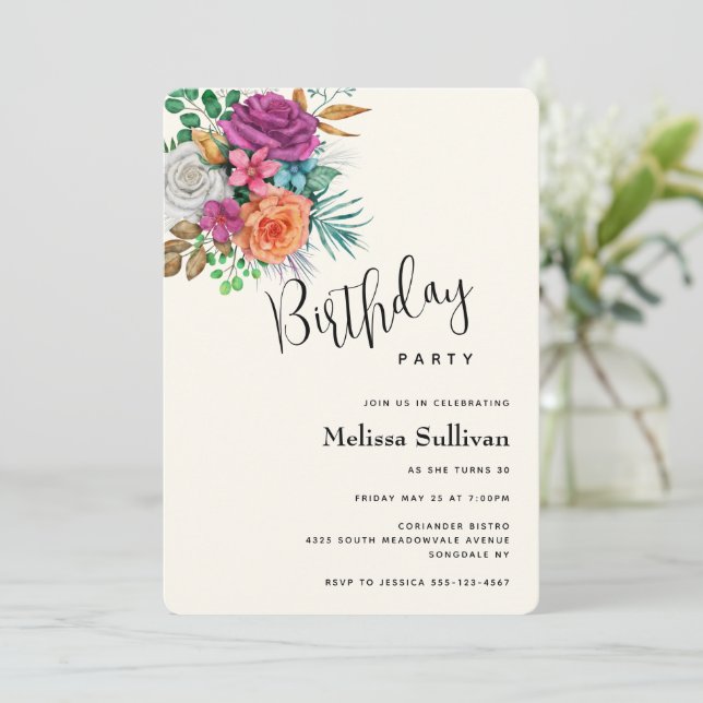 Invitación Bouquet floral rosa, Naranja y rosas blancas (Anverso de pie)