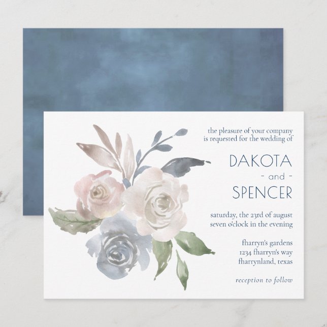 Invitación Bouquet floral silenciado | Boda rosa crema azul (Anverso / Reverso)