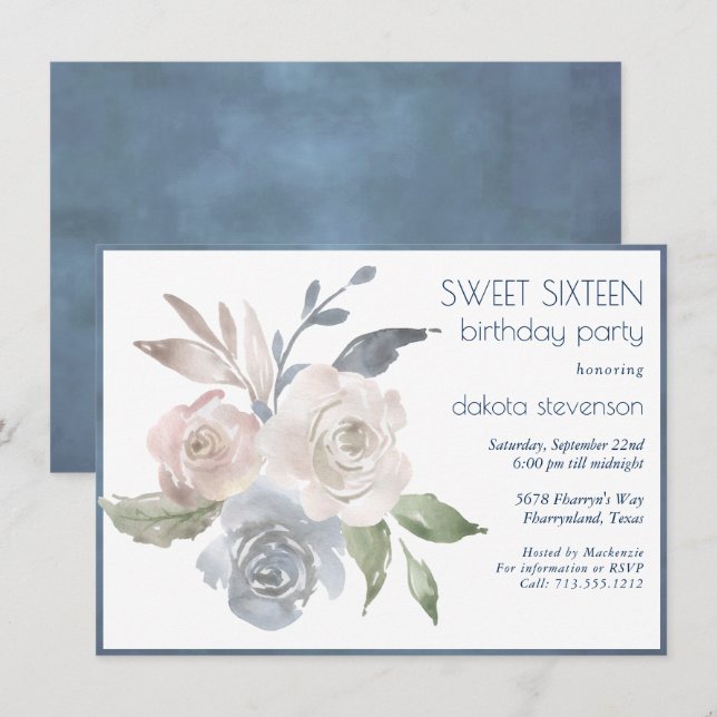 Invitación Bouquet floral silenciado | Dulce rosa crema azul  (Anverso / Reverso)