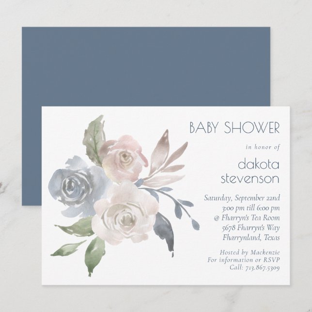 Invitación Bouquet floral silenciado | Pastel Rosa Baby Showe (Anverso / Reverso)