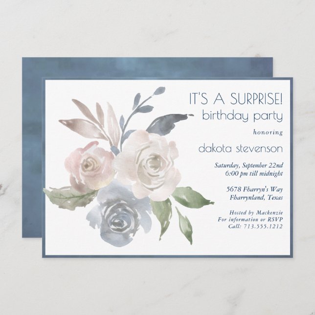 Invitación Bouquet floral silenciado | Sorpresa rosa crema az (Anverso / Reverso)