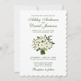 Invitación Bouquet floral verde y Boda blanco