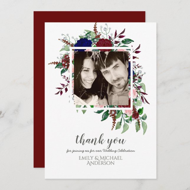 Invitación Bouquet Marsala Blue Pink Flowers (Anverso / Reverso)