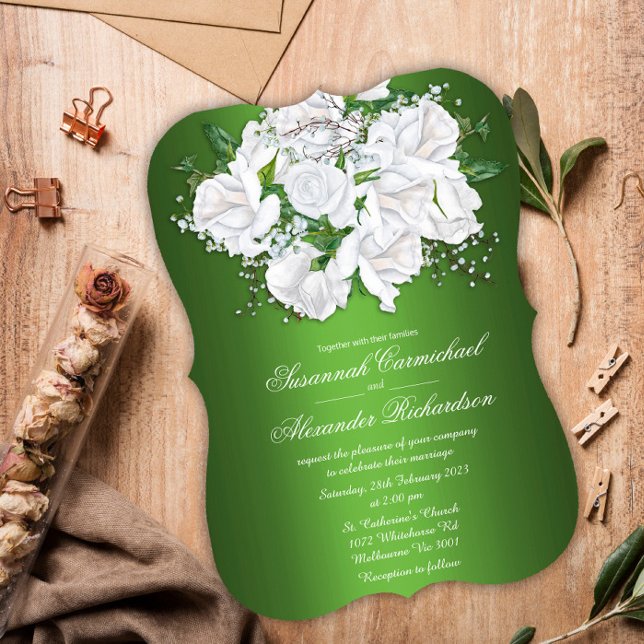 Invitación Bouquet rosa blanca y Boda verde metálico (Subido por el creador)