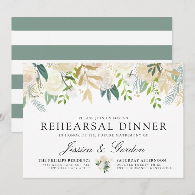 Invitación Bouquet rosa blanco | Cenas de ensayo de boda (Anverso / Reverso)