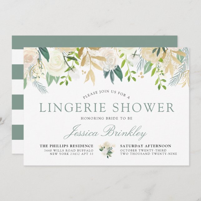 Invitación Bouquet rosa blanco | Floral Lingerie Shower (Anverso / Reverso)