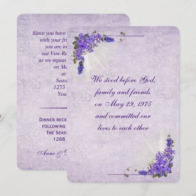 Invitación Bouquets de Lilac para renovación de votos (Anverso / Reverso)