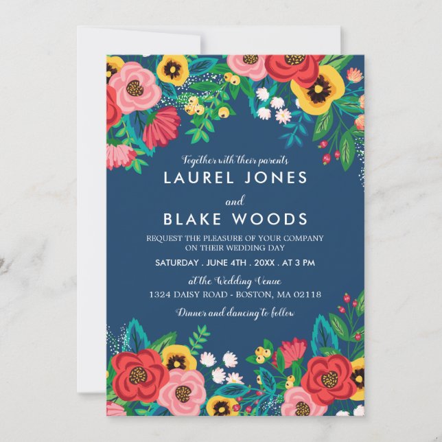 Invitación Bouquets populares - Boda Deep Blue & Red Boho (Anverso)