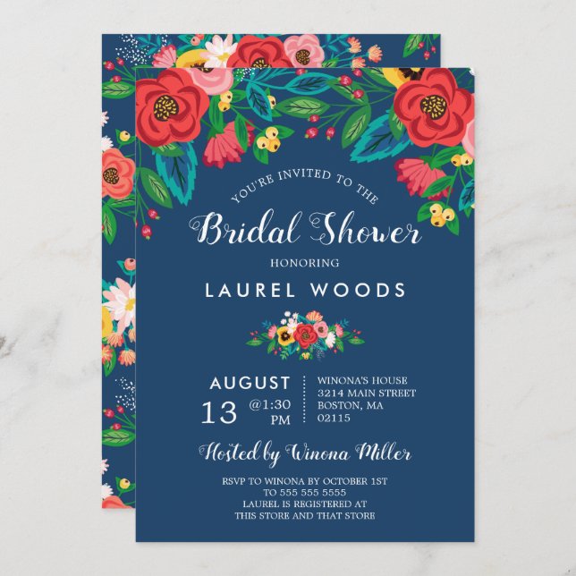 Invitación Bouquets populares coloridos - Ducha nupcial azul  (Anverso / Reverso)