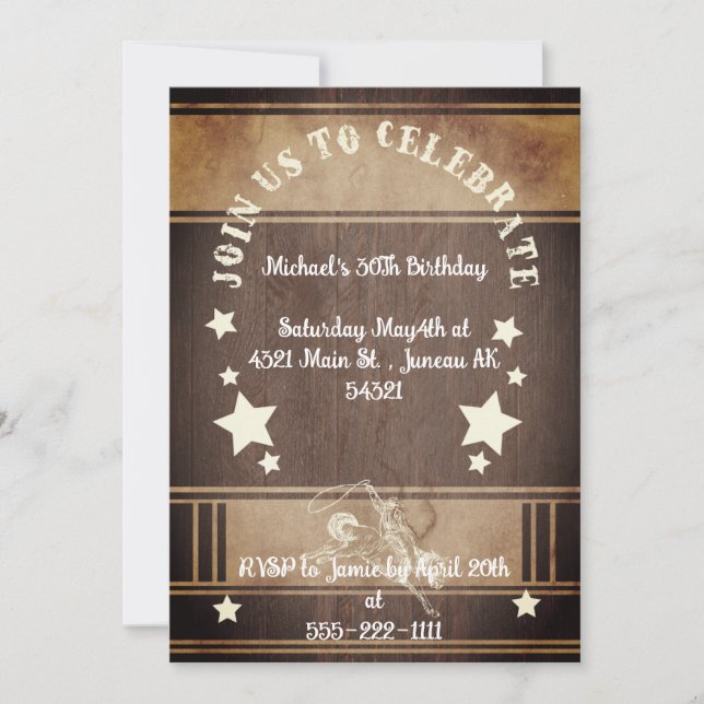 Invitación Bovaquero de madera rústica con tema 30 cumpleaños (Anverso)