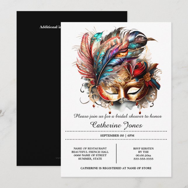 Invitación Bóveda enmascarada veneciana máscara plumas carnav (Anverso / Reverso)
