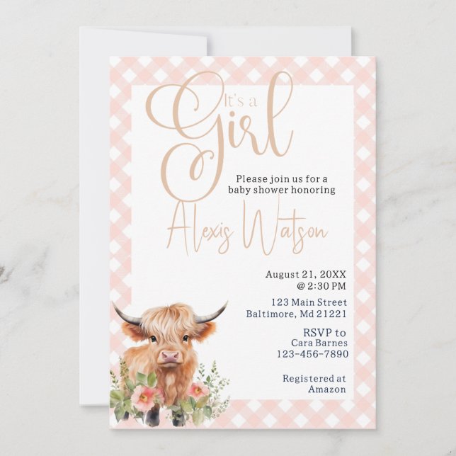Invitación bovino de montaña florida y ducha de bebé de gingh (Anverso)