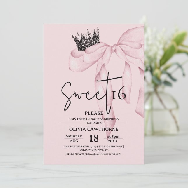 Invitación Bow 16th Birthday ⎮Modern Pink Sweet 16 (Anverso de pie)