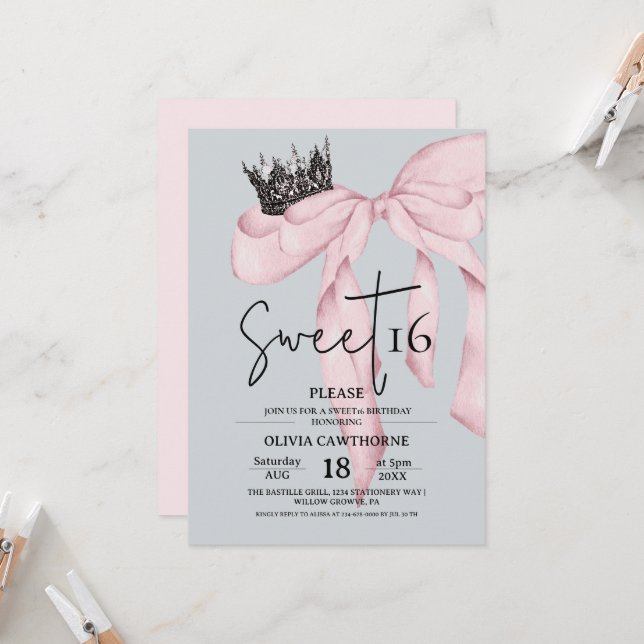 Invitación Bow 16th Birthday ⎮Modern Pink Sweet 16 (Anverso/Reverso In Situ)