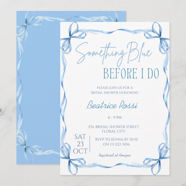 Invitación Bow Algo Azul Esquivar Ducha De Novias (Anverso / Reverso)