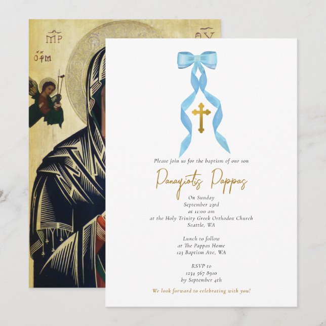 Invitación Bow azul bautismo de niño griego ortodoxo cristian (Anverso / Reverso)
