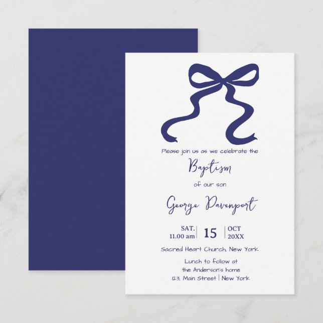 Invitación Bow Azul Bautismo Evento religioso (Anverso / Reverso)