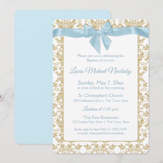 Invitación Bow azul bebé y bautismo Damasco de oro (Anverso / Reverso)