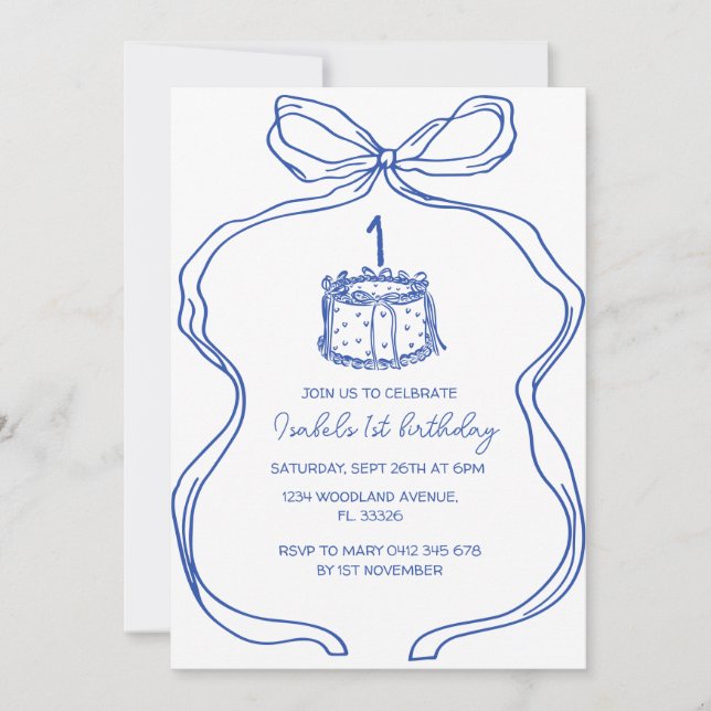 Invitación Bow azul dibujado a mano primer cumpleaños, torta  (Anverso)
