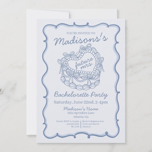 Invitación Bow azul retro coqueta tarta Bachelorette (Anverso)
