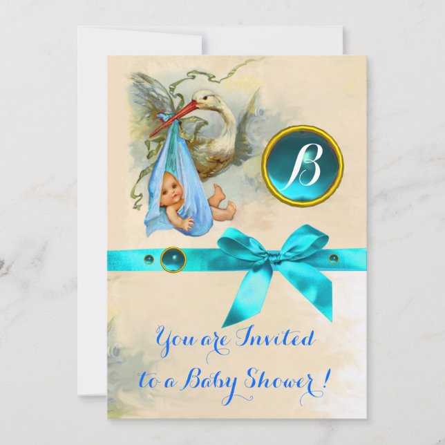 INVITACIÓN BOW AZUL TORMENTA BEBÉ CHICO DUCHA GEMSTONE MONOGR (Anverso)