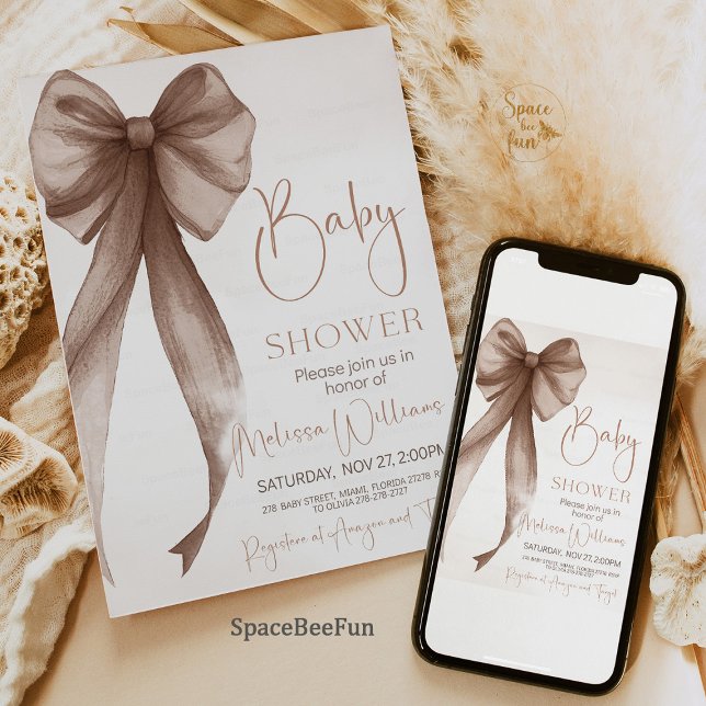 Invitación Bow Baby Shower Coquette (Bow Baby Shower Invitation, Boho Baby Shower Invite, Gender Neutral Baby Shower, Coquette Baby Showe)
