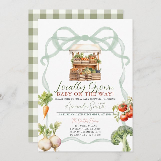 Invitación Bow Baby Shower de mercado fresco de producción lo (Anverso / Reverso)