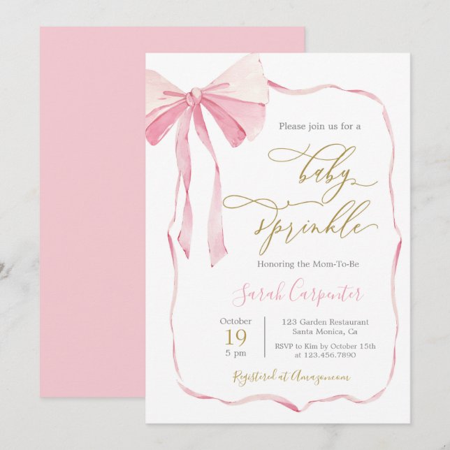 Invitación Bow Baby Sprinkle Chica (Anverso / Reverso)