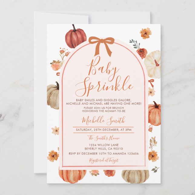 Invitación Bow Baby Sprinkle Pumpkin Caída Otoño Baby Shower (Anverso)