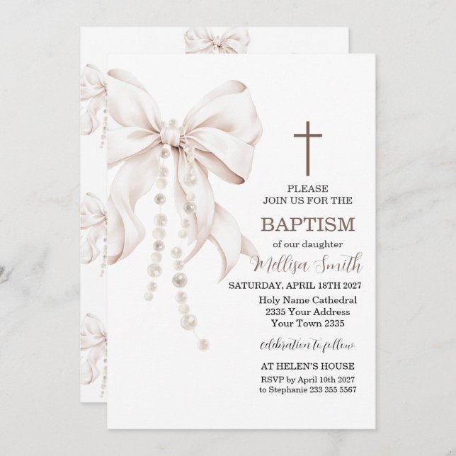 Invitación Bow Baptism Girl (Anverso / Reverso)