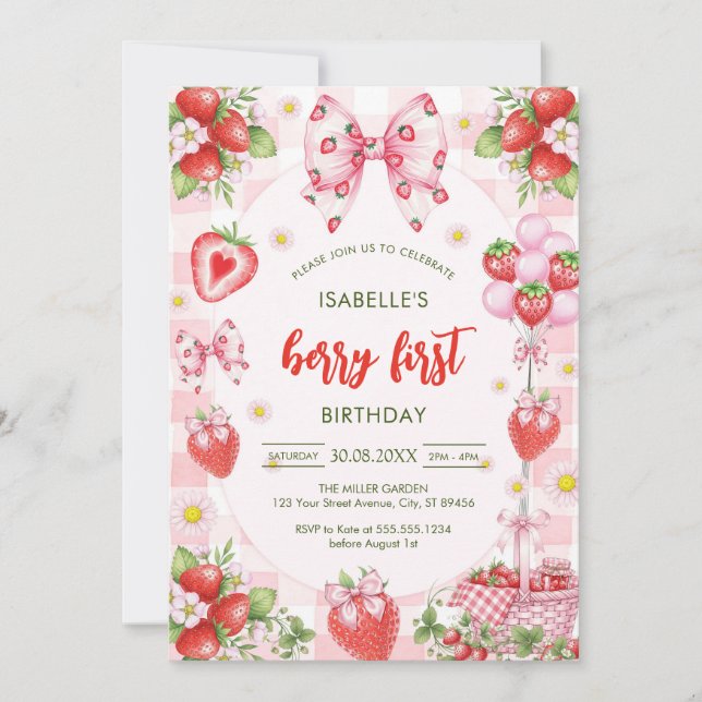 Invitación Bow Berry First Birthday 1st Birthday Invitation (Anverso)