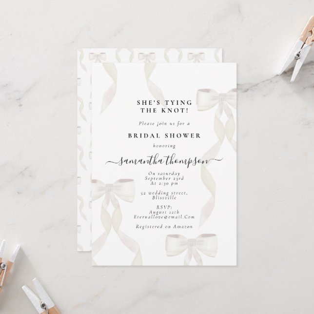 Invitación Bow blanco está atando al Fiesta de duchas nupcial (Anverso/Reverso In Situ)