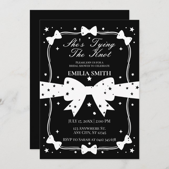 Invitación Bow blanco negro está atando la ducha de novia Kno (Anverso / Reverso)