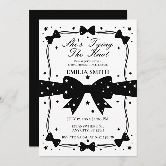Invitación Bow blanco negro está atando la ducha de novia Kno (Anverso / Reverso)