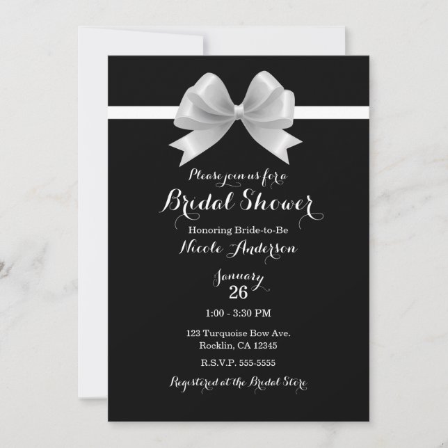 Invitación Bow blanco y negro elegante ducha de novia elegant (Anverso)