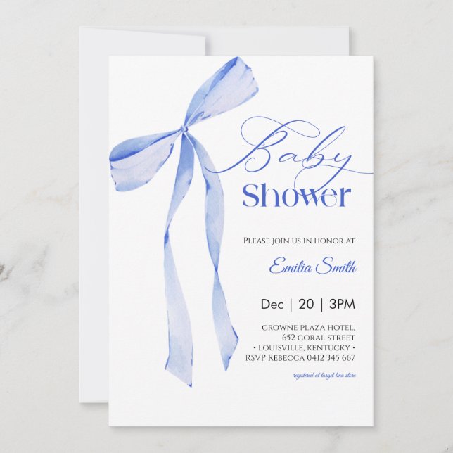 Invitación  Bow Blue boy Baby shower (Anverso)