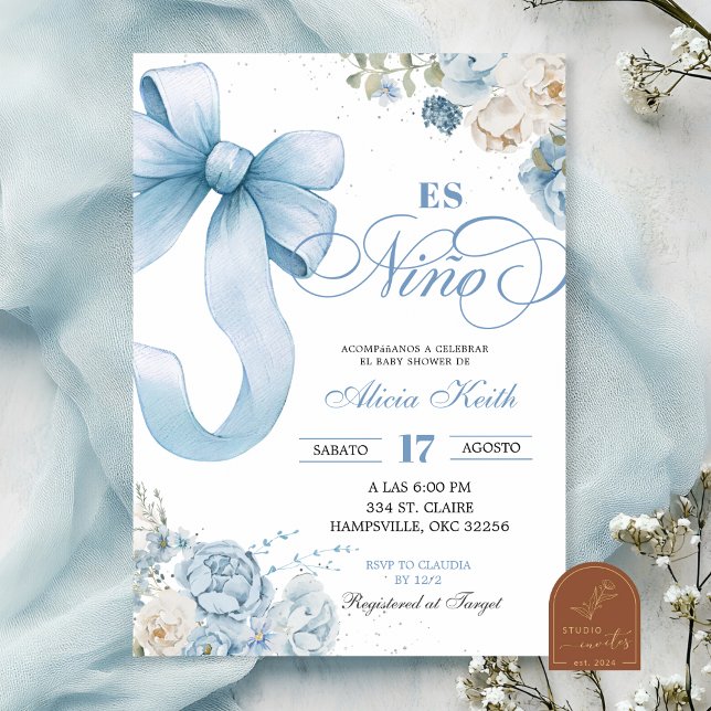 Invitación Bow Blue Coquette Español Es Nino Baby Shower (Subido por el creador)