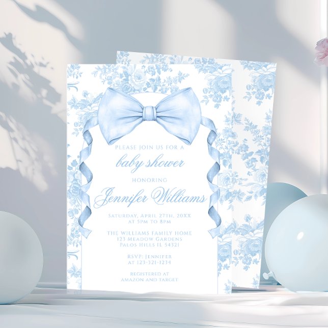 Invitación Bow Blue Toile Bow Tibon Baby Boy Shower (Subido por el creador)