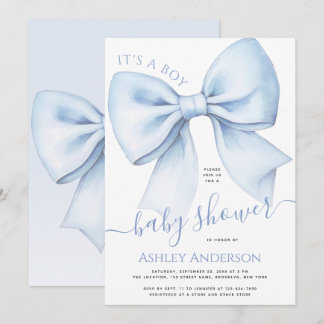 Invitación Bow Blue & White Watercolor It's a Boy Baby Shower