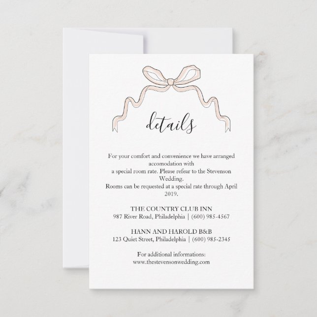 Invitación Bow blush Boda Details card (Anverso)