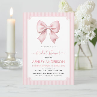 Invitación Bow Bridal Shower Pink Stripes Pattern Coquette
