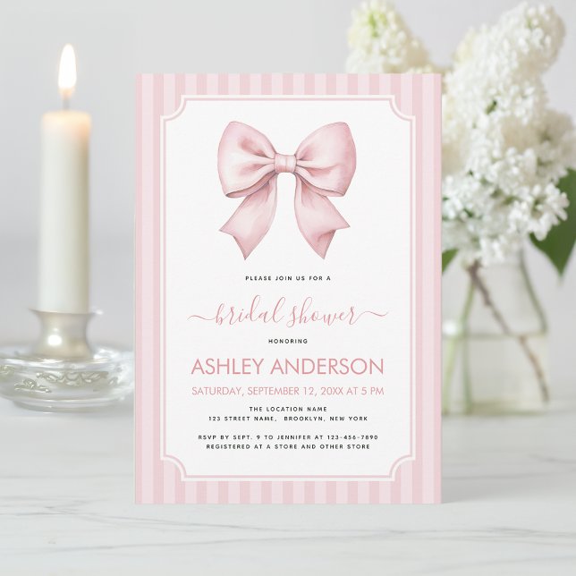Invitación Bow Bridal Shower Pink Stripes Pattern Coquette (Subido por el creador)
