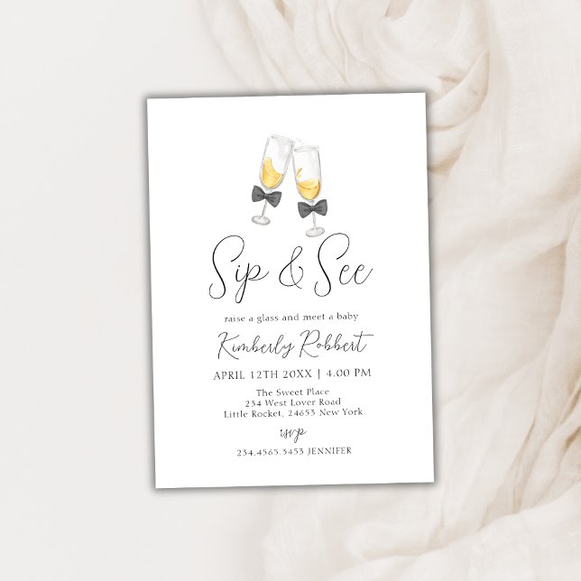 Invitación Bow Champagne Glass Sip y See Baby Shower (Bow Champagne Glass Sip & See Baby Shower Invitation)