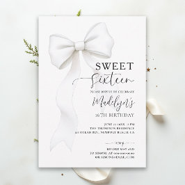 Invitación Bow Chic Black White Elegant Calligraphy Sweet 16
